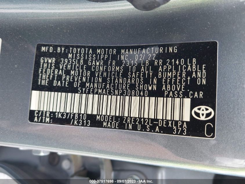 2022 TOYOTA COROLLA LE - 5YFEPMAE5NP308040