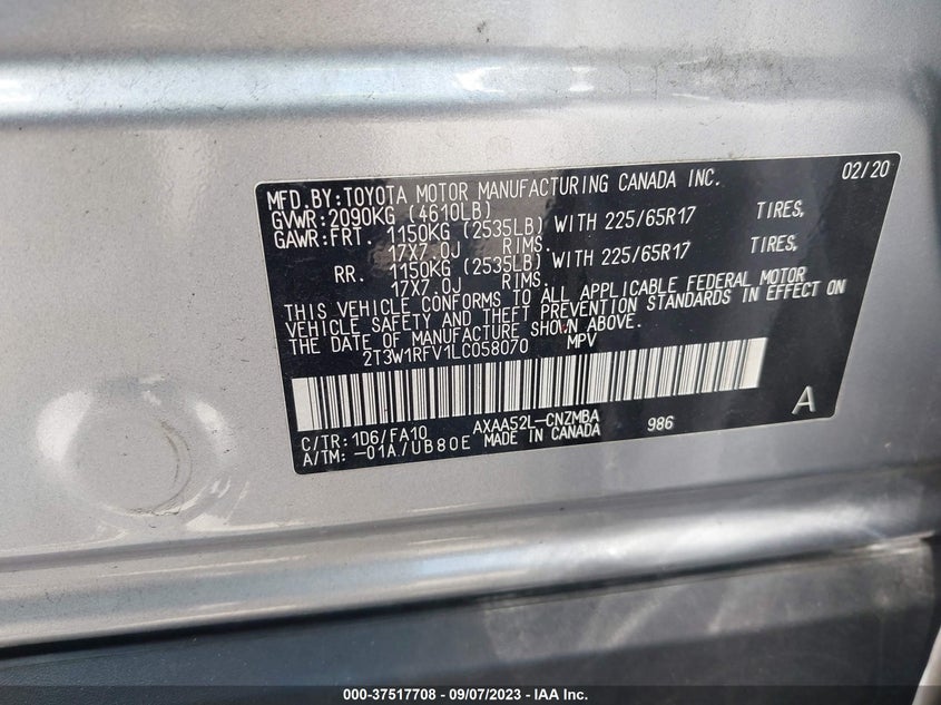 VIN 2T3W1RFV1LC058070 2020 TOYOTA RAV4 XLE/XLE PREMIUM