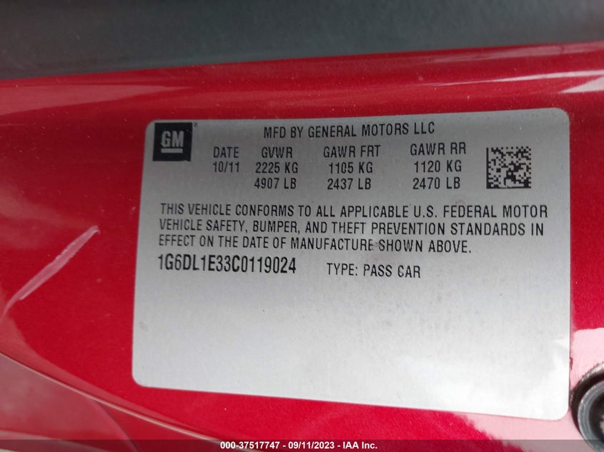 2012 CADILLAC CTS COUPE VIN: 1G6DL1E33C0119024