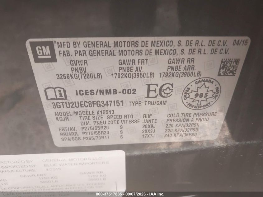 2015 GMC SIERRA 1500 SLE - 3GTU2UEC8FG347151