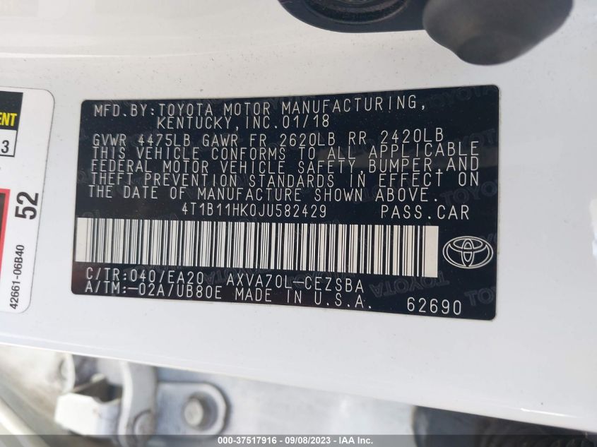 2018 TOYOTA CAMRY LE/SE/XLE/L - 4T1B11HK0JU582429