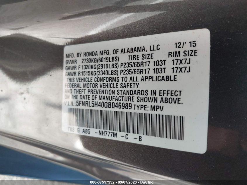 5FNRL5H40GB046989 2016 HONDA ODYSSEY, photo no. 9