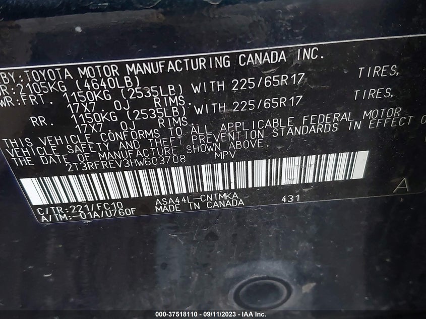 VIN 2T3RFREV3HW603708 2017 TOYOTA RAV4 XLE