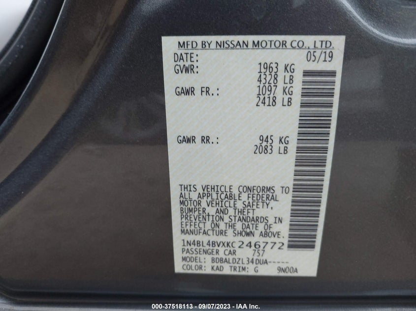 VIN 1N4BL4BVXKC246772 2019 NISSAN ALTIMA S