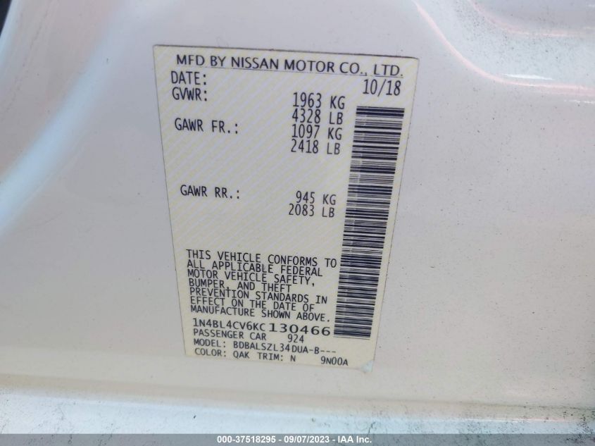2019 NISSAN ALTIMA SR - 1N4BL4CV6KC130466