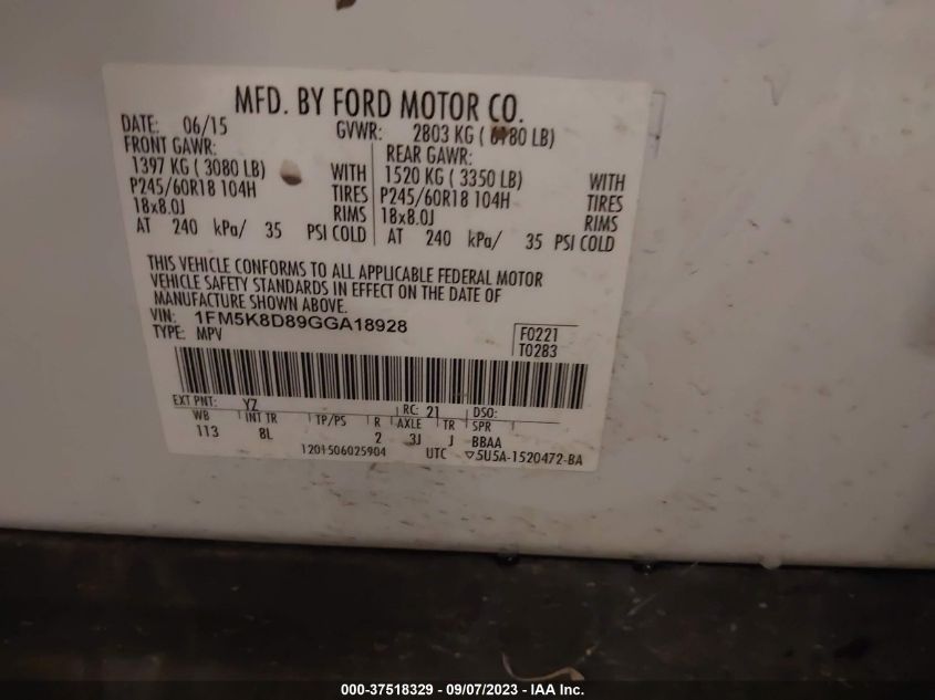 2016 FORD EXPLORER XLT - 1FM5K8D89GGA18928