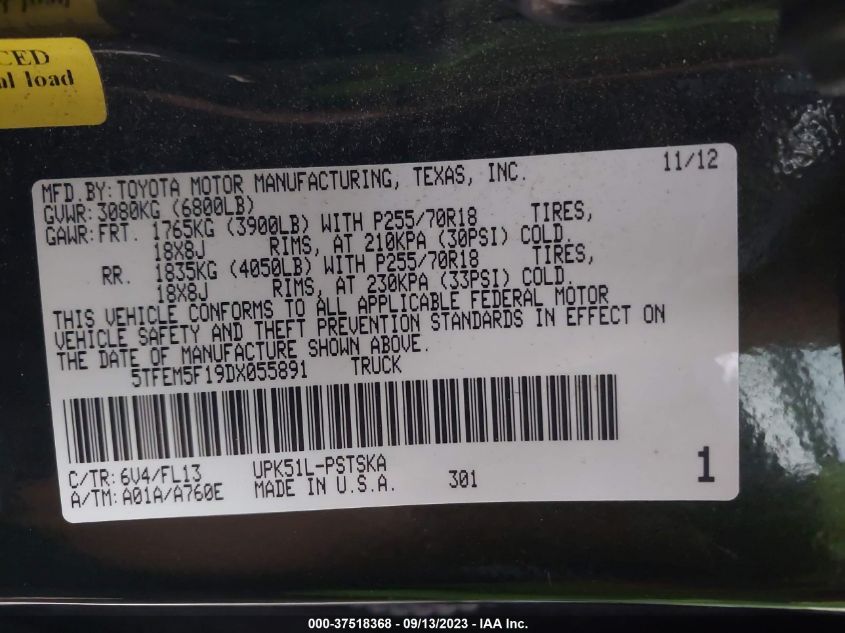 2013 TOYOTA TUNDRA 2WD TRUCK 5TFEM5F19DX055891