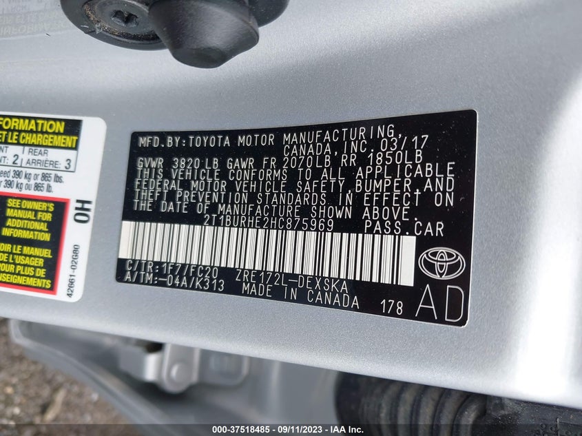 VIN 2T1BURHE2HC875969 2017 TOYOTA COROLLA L/LE/XLE/SE