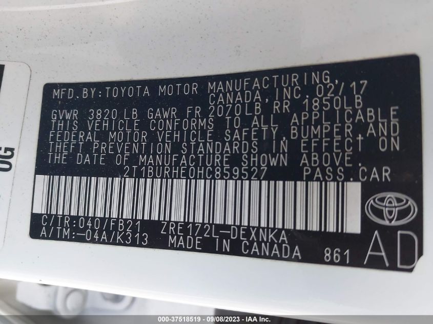 2017 TOYOTA COROLLA L/LE/XLE/SE - 2T1BURHE0HC859527