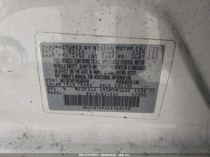 2014 NISSAN VERSA SV - 3N1CN7AP1EK468440