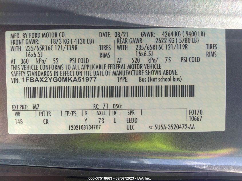 2021 FORD TRANSIT PASSENGER WAGON XL/XLT 1FBAX2YG0MKA51977