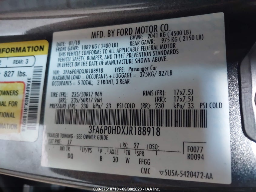 VIN 3FA6P0HDXJR188918 2018 FORD FUSION SE