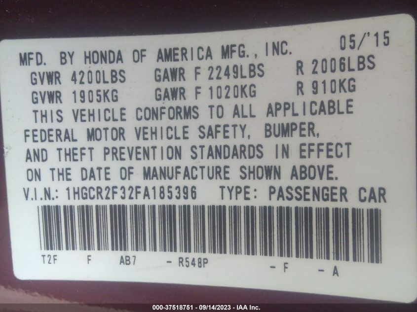 2015 HONDA ACCORD SEDAN LX - 1HGCR2F32FA185396