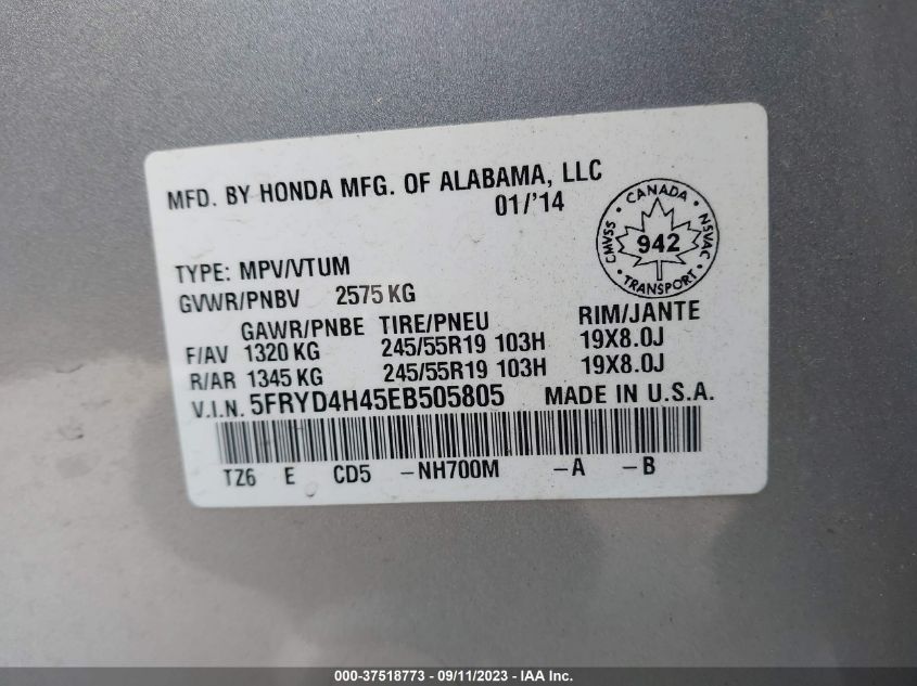 2014 ACURA MDX NAV PKG - 5FRYD4H45EB505805