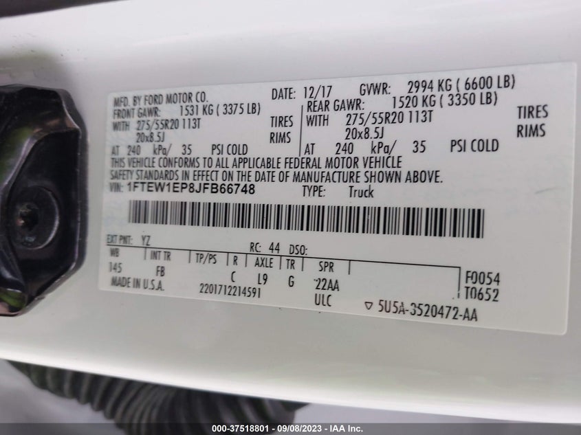 VIN 1FTEW1EP8JFB66748 2018 FORD F-150 XL/XLT/LARIAT