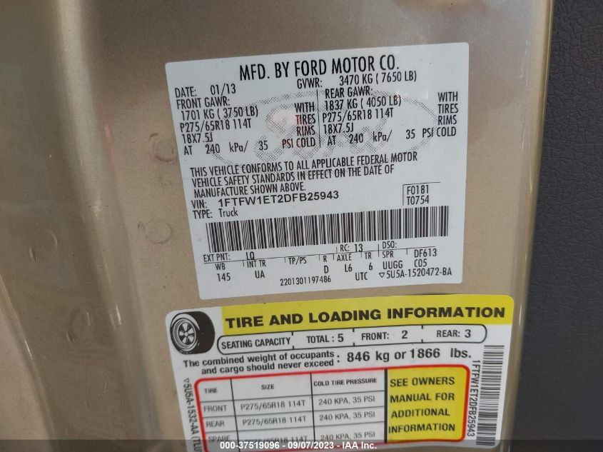 2013 FORD F-150 XL/XLT/FX4/LARIAT - 1FTFW1ET2DFB25943