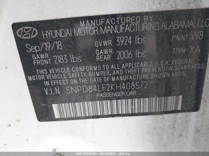 VIN 5NPD84LF2KH408572 2019 HYUNDAI ELANTRA SEL/VALUE/LIMITED