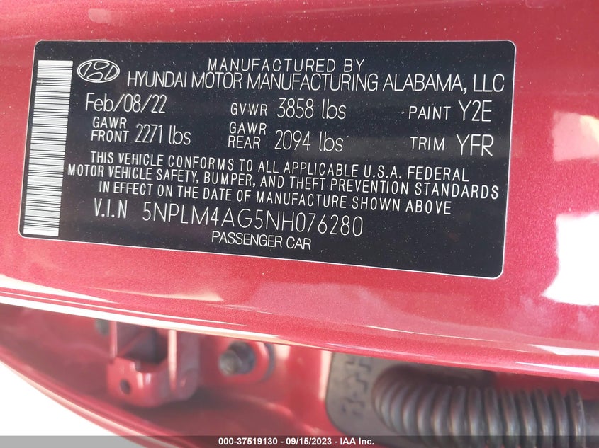 VIN 5NPLM4AG5NH076280 2022 HYUNDAI ELANTRA SEL