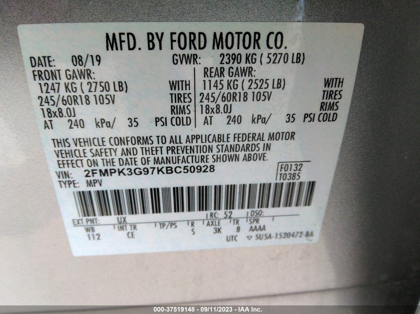 VIN 2FMPK3G97KBC50928 2019 FORD EDGE SE