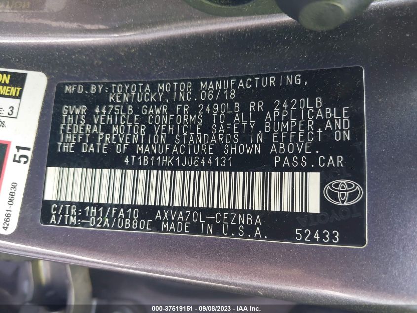 2018 TOYOTA CAMRY LE/SE/XLE/L - 4T1B11HK1JU644131