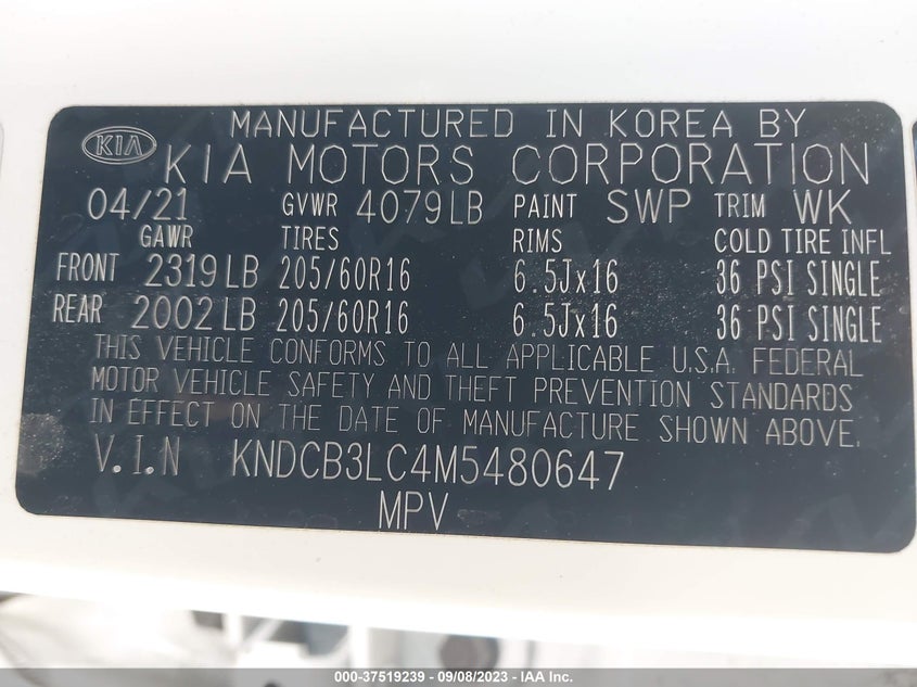 VIN KNDCB3LC4M5480647 2021 KIA NIRO LX