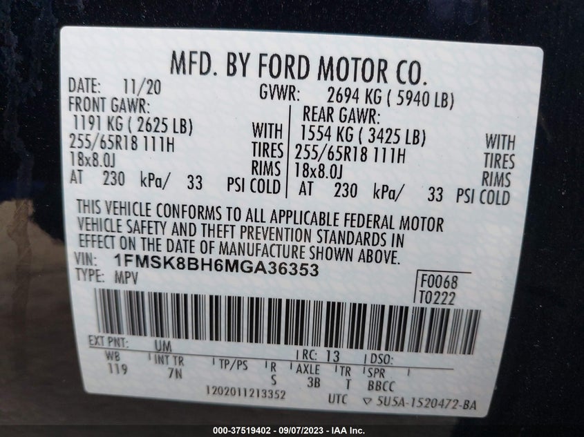 VIN 1FMSK8BH6MGA36353 2021 FORD EXPLORER BASE