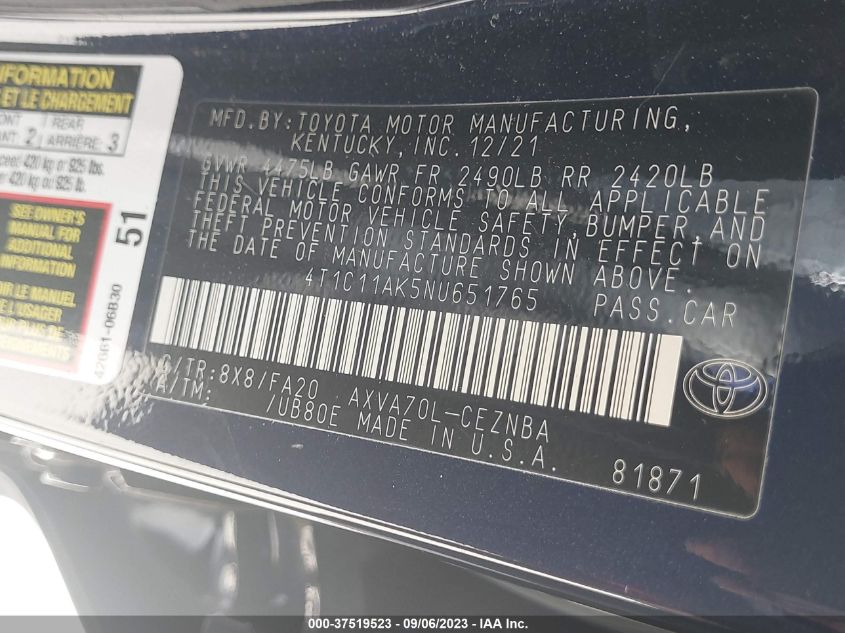 2022 TOYOTA CAMRY LE - 4T1C11AK5NU651765