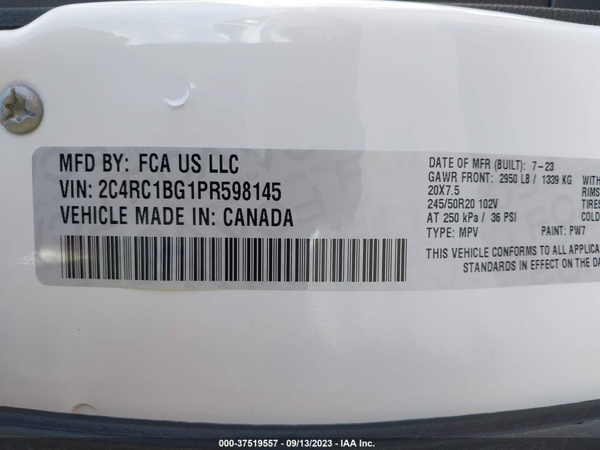 VIN 2C4RC1BG1PR598145 2023 CHRYSLER PACIFICA TOURING L