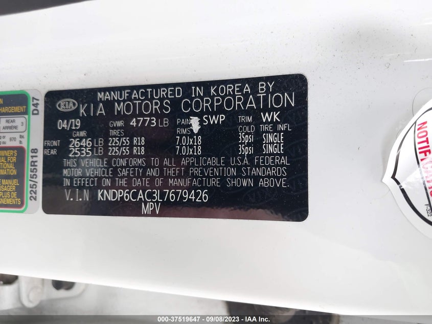 VIN KNDP6CAC3L7679426 2020 KIA SPORTAGE S