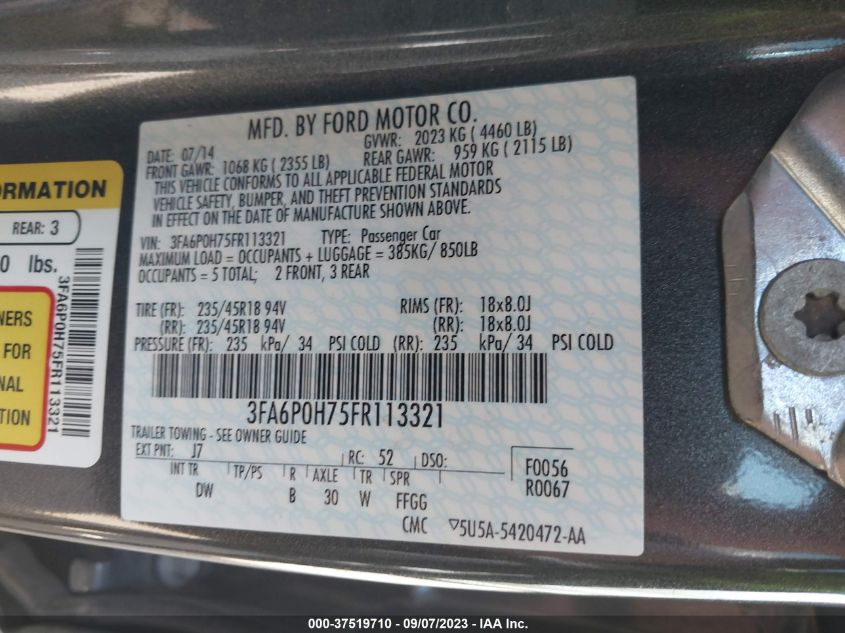 2015 FORD FUSION SE - 3FA6P0H75FR113321