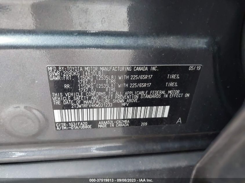 2019 TOYOTA RAV4 XLE/XLE PREMIUM - 2T3W1RFV4KW031233