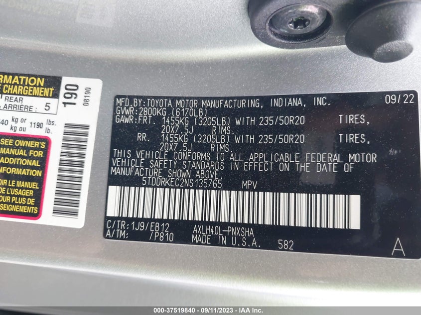 VIN 5TDDRKEC2NS135765 2022 TOYOTA SIENNA XSE