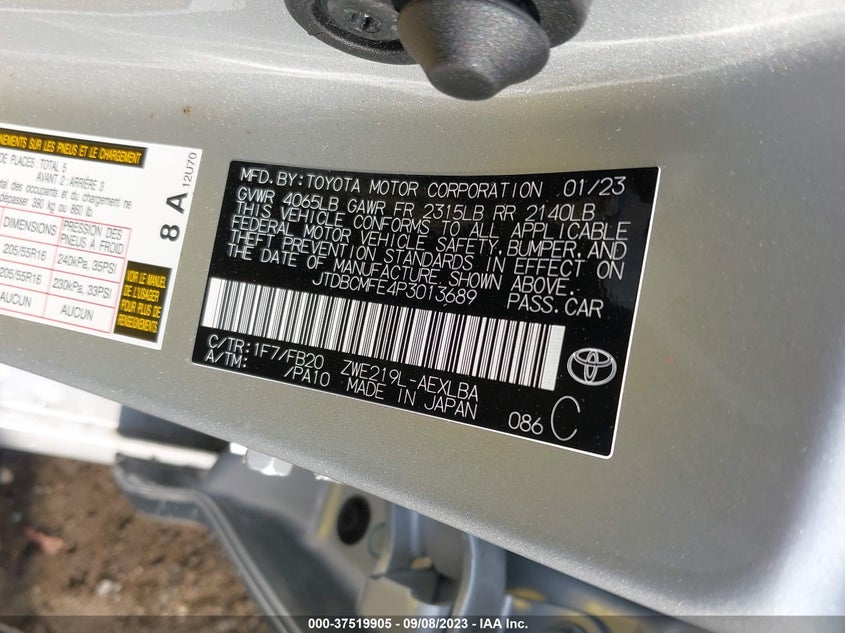 VIN JTDBCMFE4P3013689 2023 TOYOTA COROLLA HYBRID