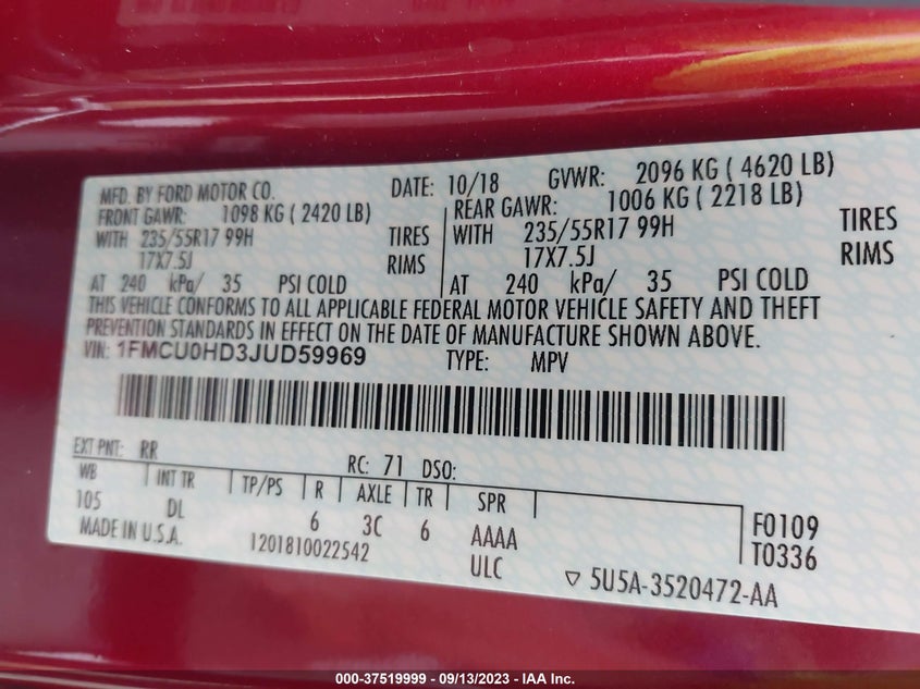 VIN 1FMCU0HD3JUD59969 2018 FORD ESCAPE SEL