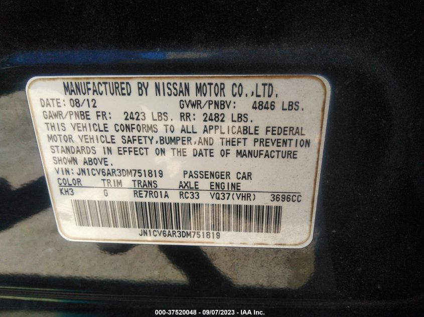 2013 INFINITI G37 SEDAN X JN1CV6AR3DM751819