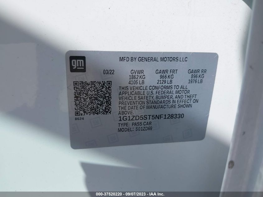 2022 CHEVROLET MALIBU LT - 1G1ZD5ST5NF128330