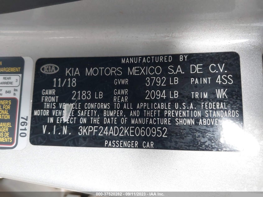 VIN 3KPF24AD2KE060952 2019 KIA FORTE LXS