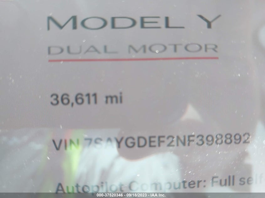VIN 7SAYGDEF2NF398892 2022 TESLA MODEL Y PERFORMANCE