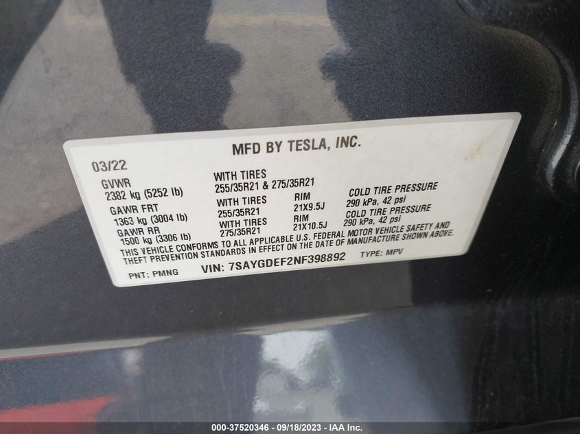 VIN 7SAYGDEF2NF398892 2022 TESLA MODEL Y PERFORMANCE