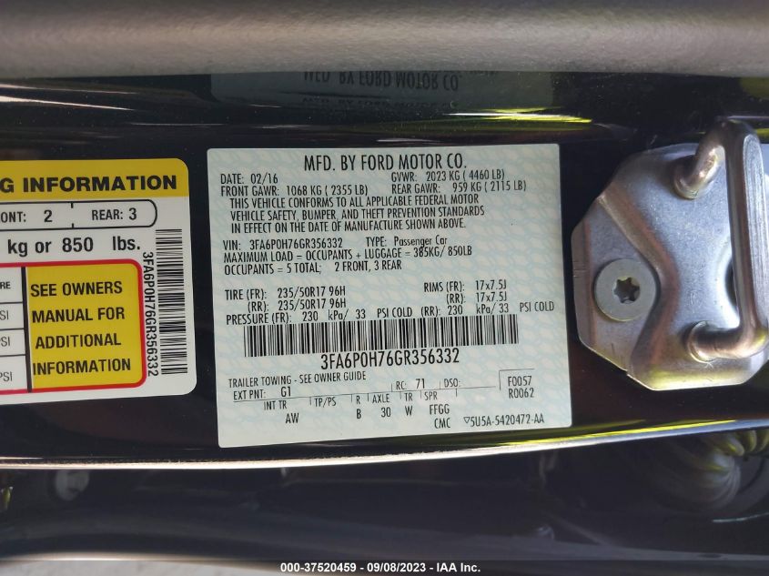 2016 FORD FUSION SE - 3FA6P0H76GR356332