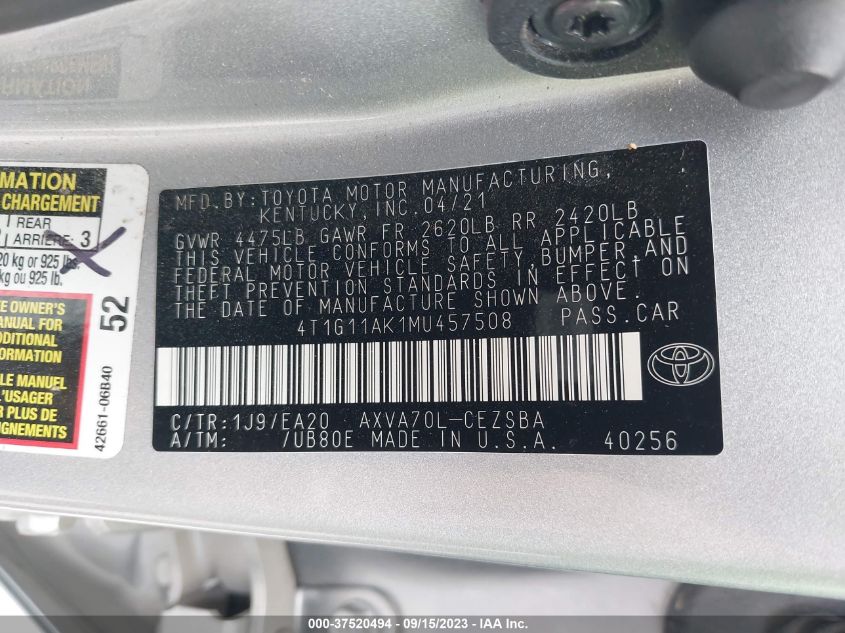 2021 TOYOTA CAMRY SE - 4T1G11AK1MU457508