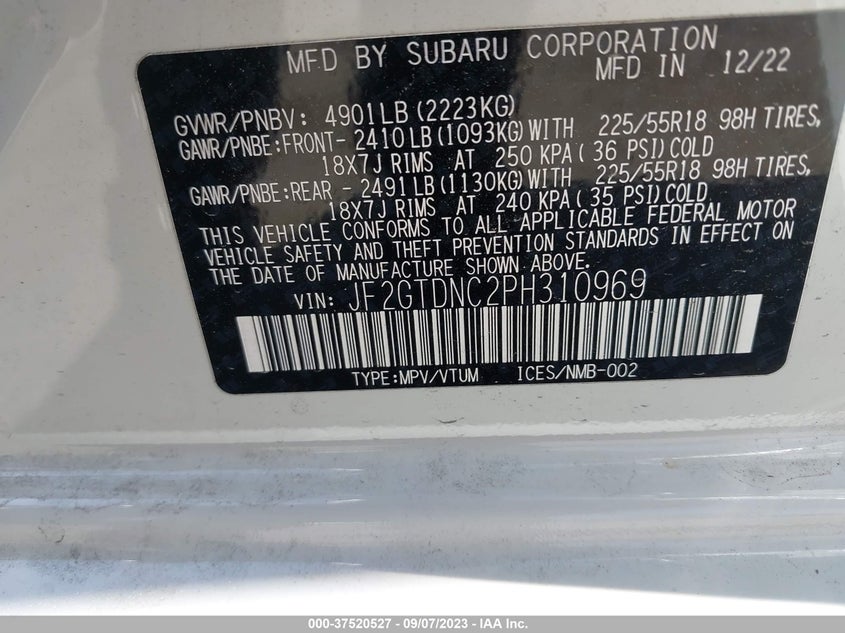 VIN JF2GTDNC2PH310969 2023 SUBARU CROSSTREK HYBRID