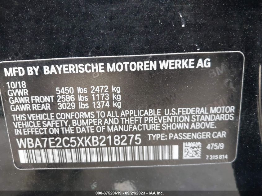 2019 BMW 7 SERIES 740I - WBA7E2C5XKB218275