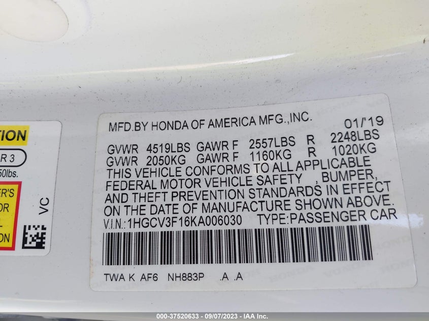 VIN 1HGCV3F16KA006030 2019 HONDA ACCORD HYBRID