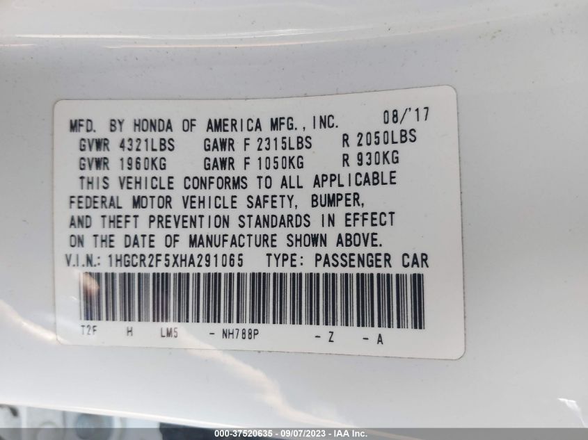 2017 HONDA ACCORD SEDAN SPORT - 1HGCR2F5XHA291065