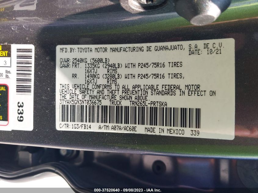 2022 TOYOTA TACOMA 2WD SR/SR5 - 3TYAX5GN3NT036675