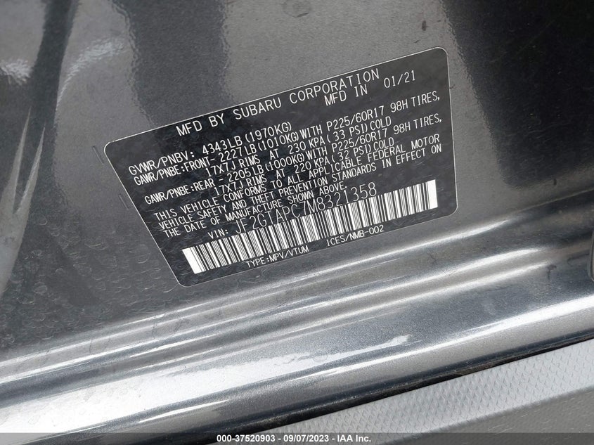 VIN JF2GTAPC7M8321358 2021 SUBARU CROSSTREK PREMIUM