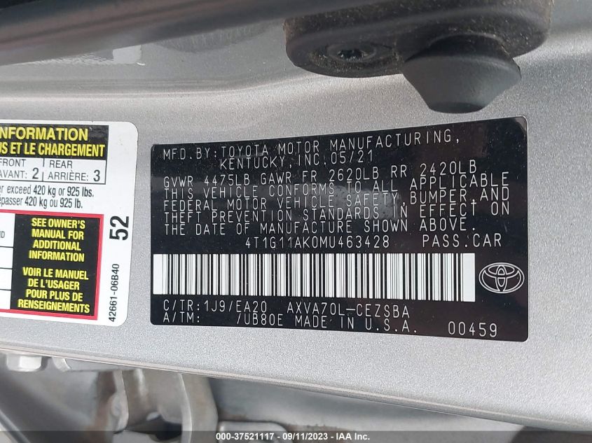 2021 TOYOTA CAMRY SE - 4T1G11AK0MU463428