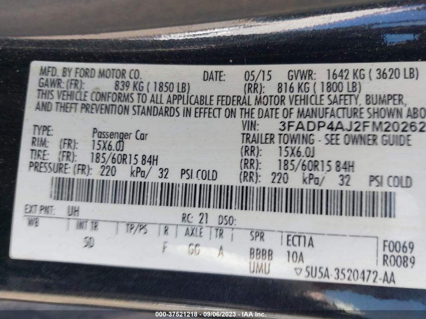 2015 FORD FIESTA S - 3FADP4AJ2FM202622