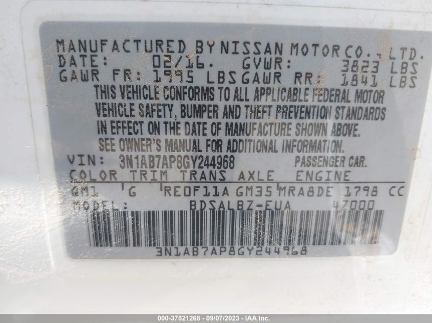 2016 NISSAN SENTRA S - 3N1AB7AP8GY244968
